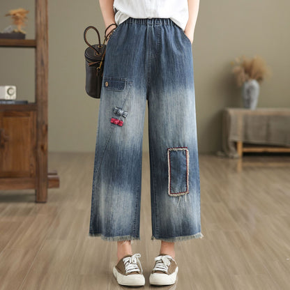 Nine-Point Cotton Wide-Leg Embroidered Jeans