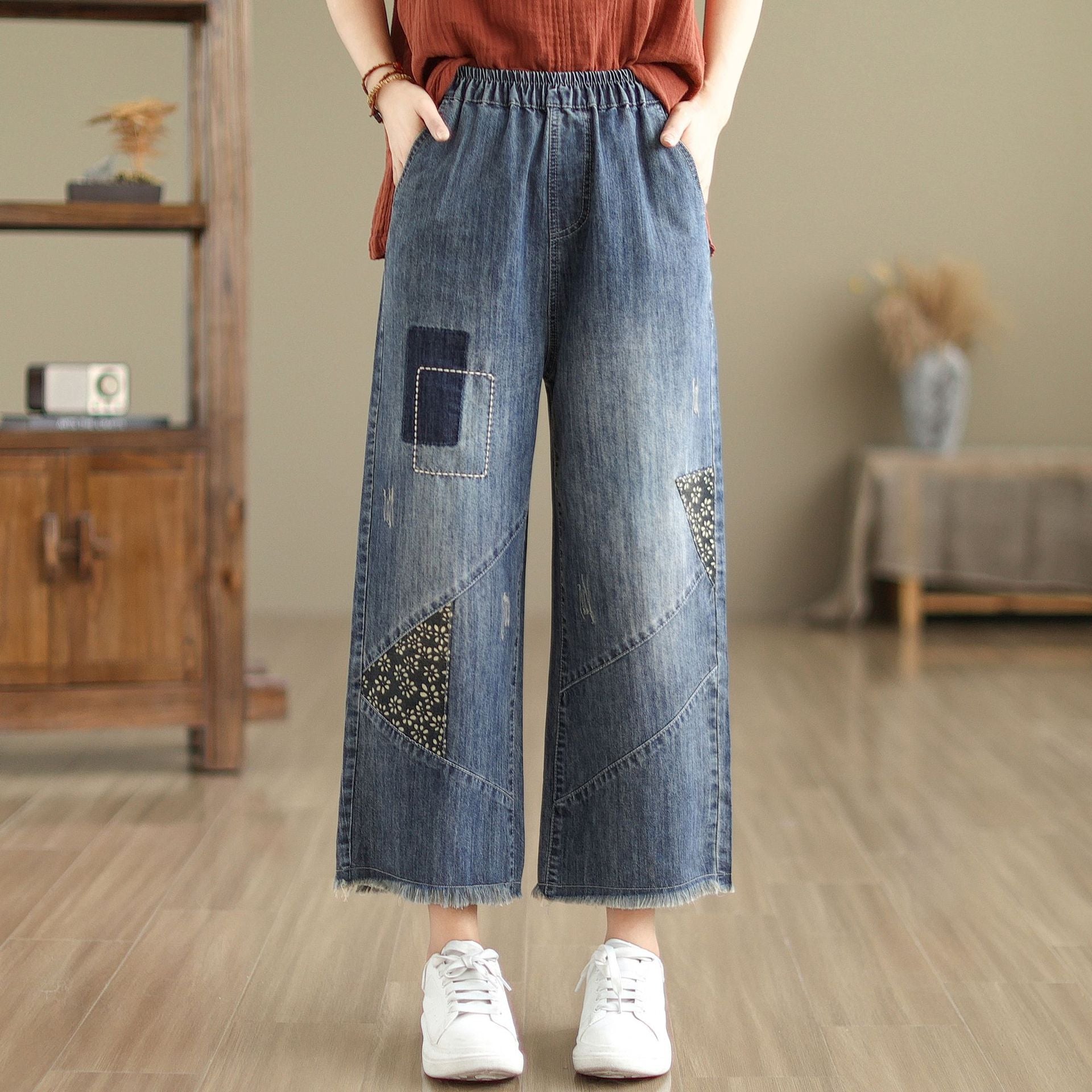 Nine-Point Cotton Wide-Leg Embroidered Jeans