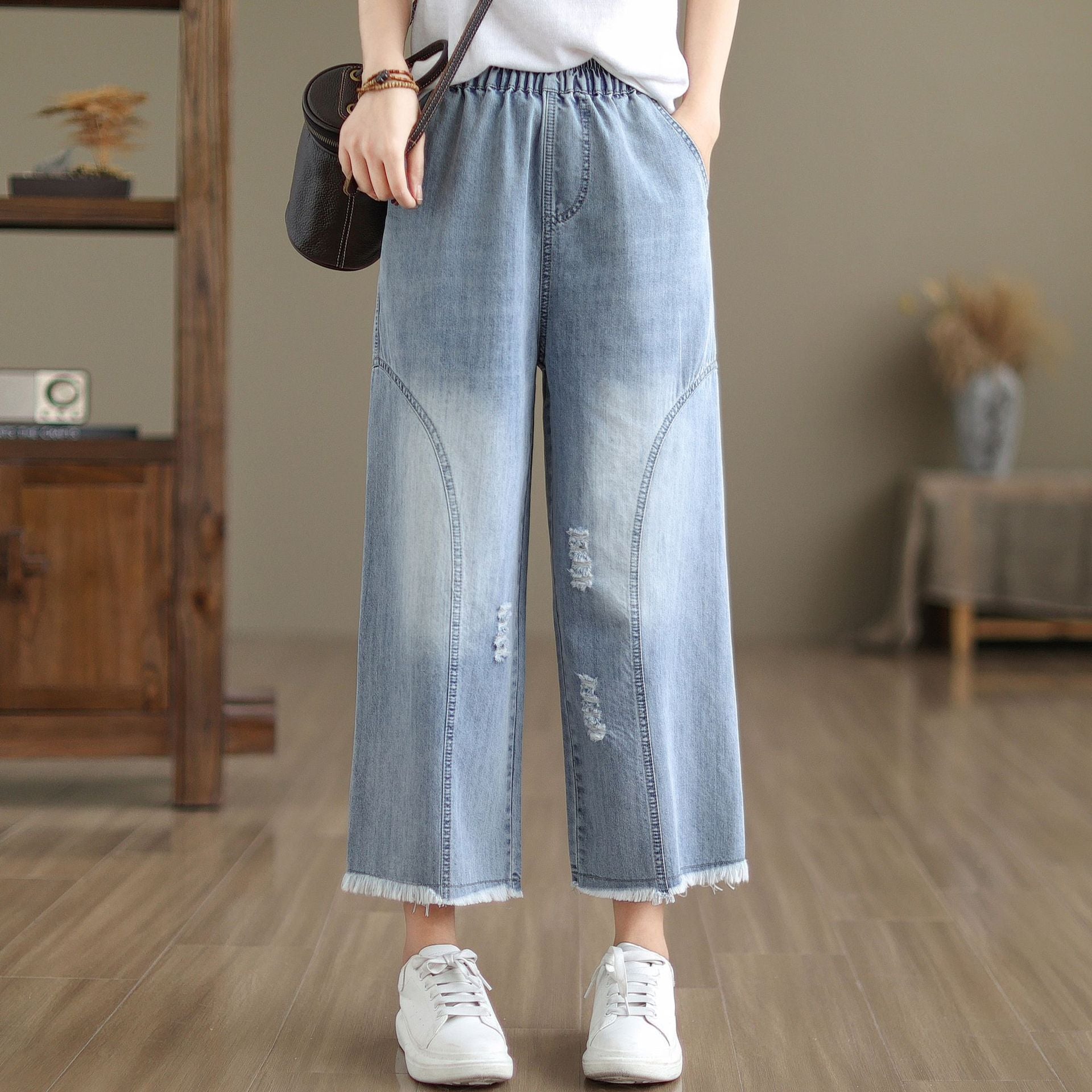 Nine-Point Cotton Wide-Leg Embroidered Jeans