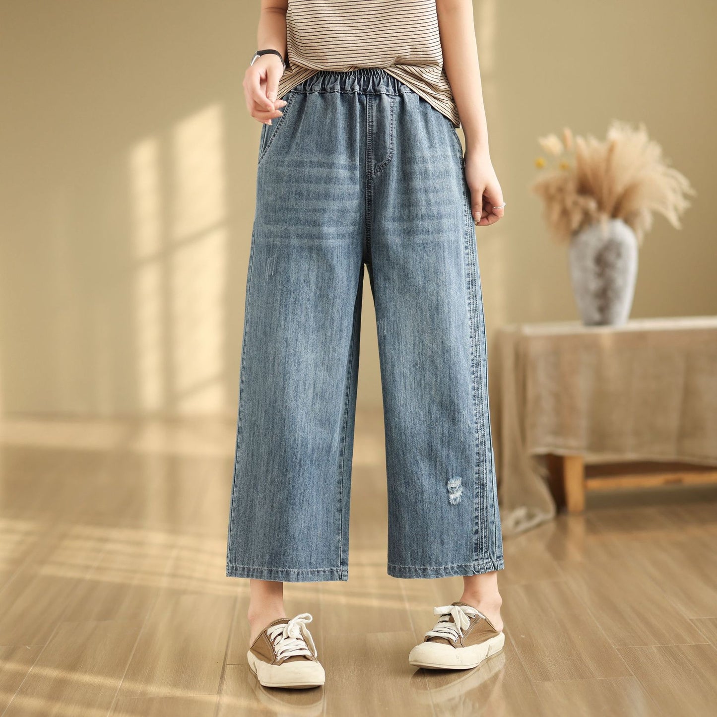 Nine-Point Cotton Wide-Leg Embroidered Jeans