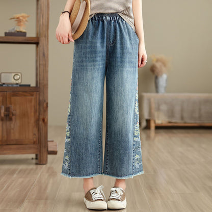 Nine-Point Cotton Wide-Leg Embroidered Jeans