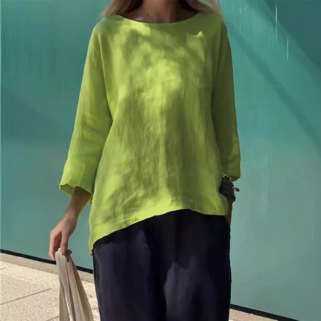 Nine-Quarter Sleeve Round Neck Cotton and Linen Loose Shirt Top