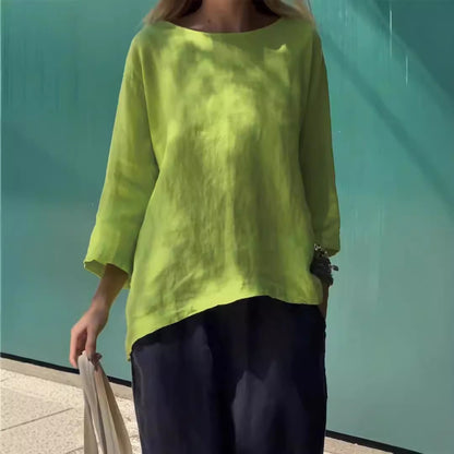 Nine-Quarter Sleeve Round Neck Cotton and Linen Loose Shirt Top