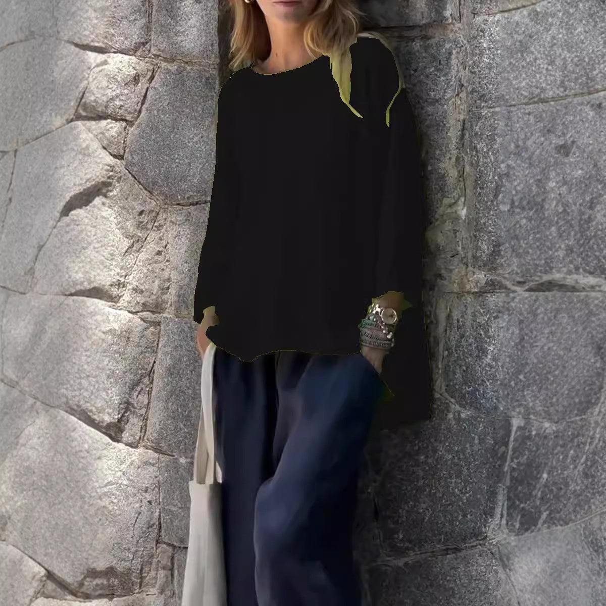Nine-Quarter Sleeve Round Neck Cotton and Linen Loose Shirt Top