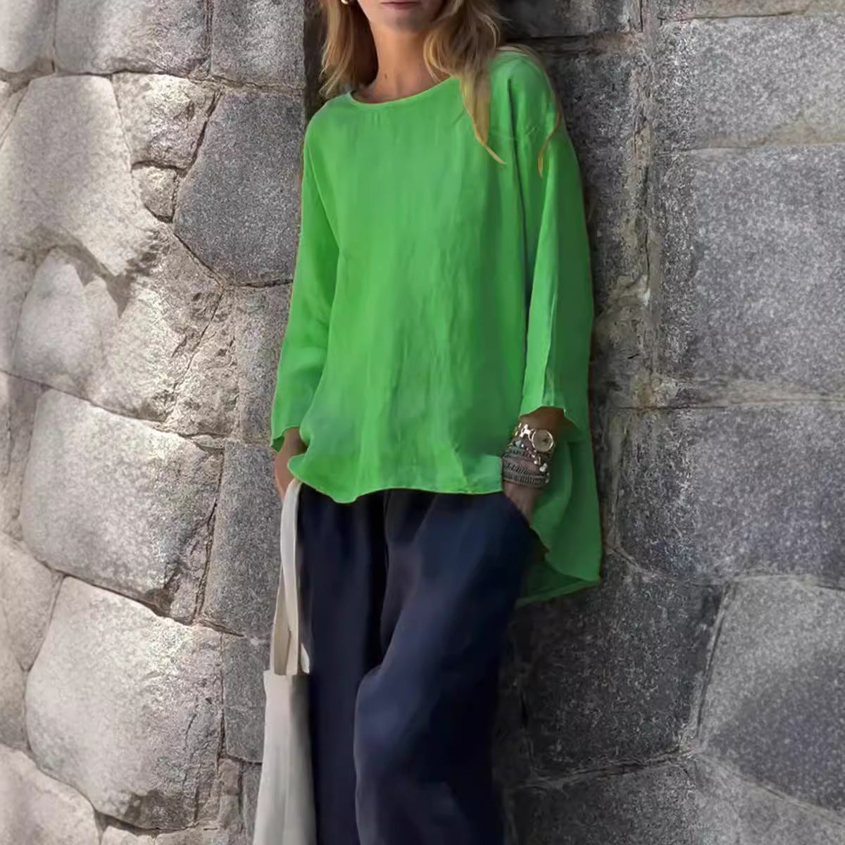 Nine-Quarter Sleeve Round Neck Cotton and Linen Loose Shirt Top