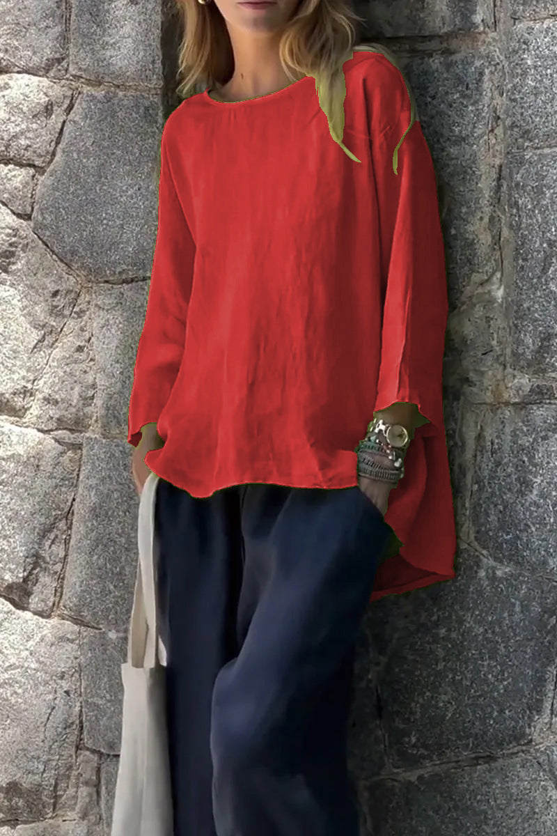 Nine-Quarter Sleeve Round Neck Cotton and Linen Loose Shirt Top