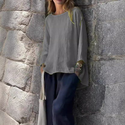Nine-Quarter Sleeve Round Neck Cotton and Linen Loose Shirt Top