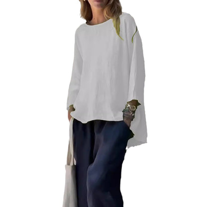Nine-Quarter Sleeve Round Neck Cotton and Linen Loose Shirt Top