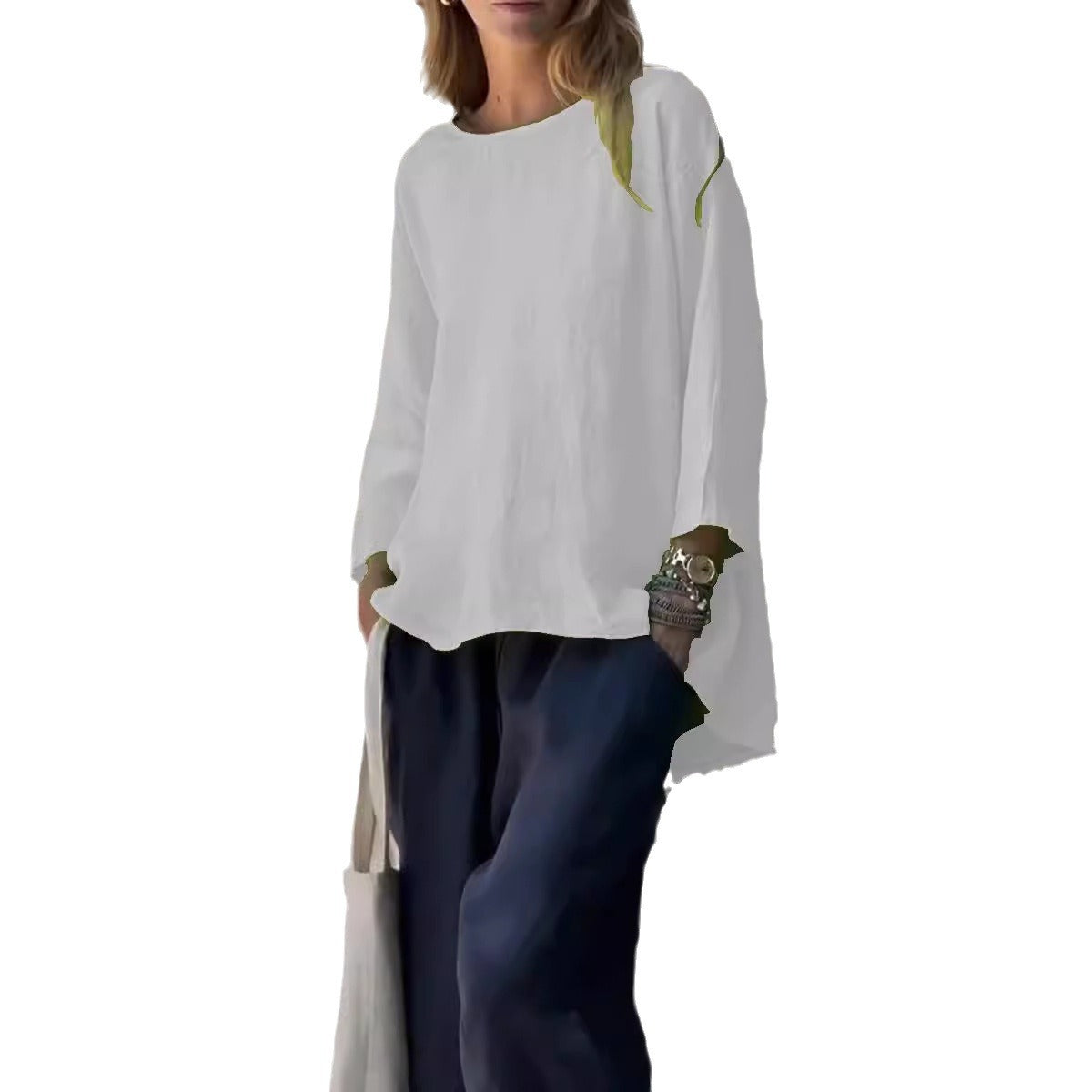 Nine-Quarter Sleeve Round Neck Cotton and Linen Loose Shirt Top