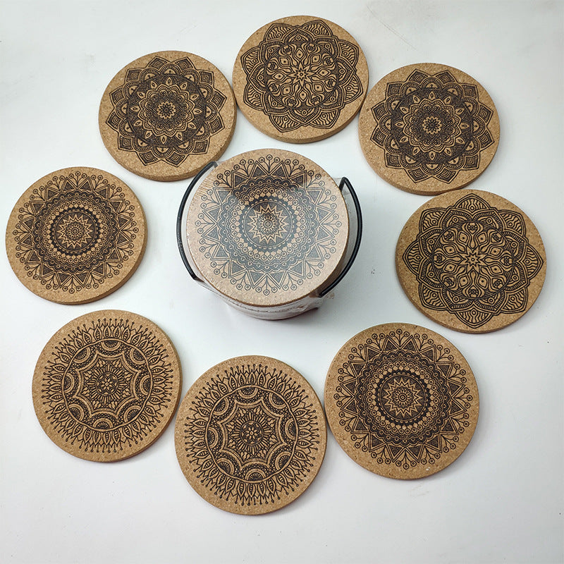 Nordic Mandala Cork Coaster Set with Holder