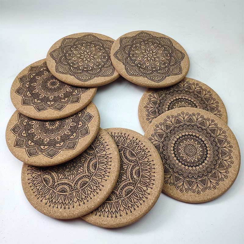 Nordic Mandala Cork Coaster Set with Holder