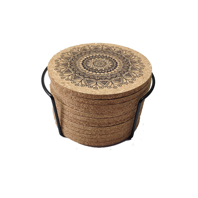 Nordic Mandala Cork Coaster Set with Holder