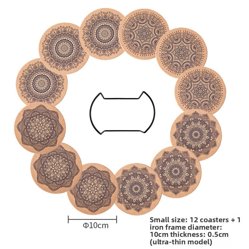 Nordic Mandala Cork Coaster Set with Holder