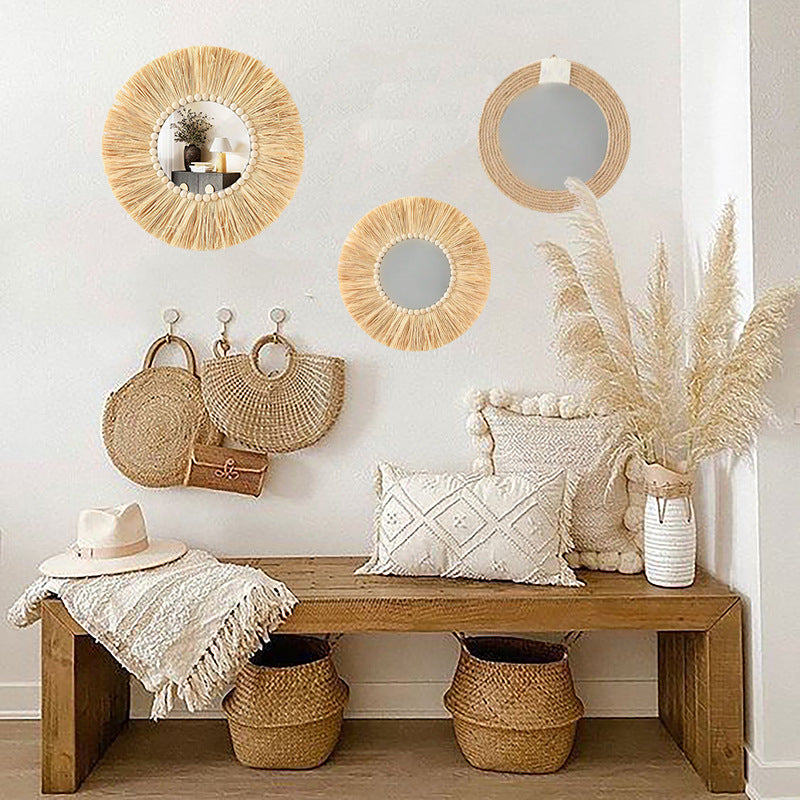 Nordic Retro Raffia Grass Wall Mirror