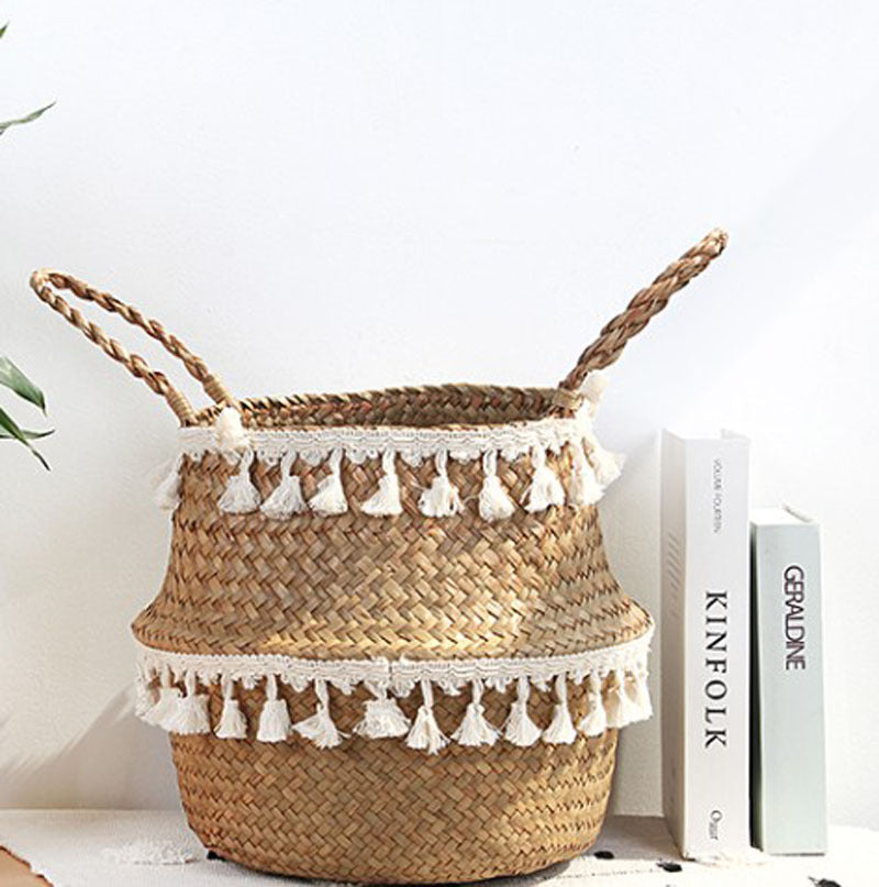 Nordic-style woven fringed seagrass basket