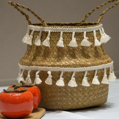Nordic-style woven fringed seagrass basket