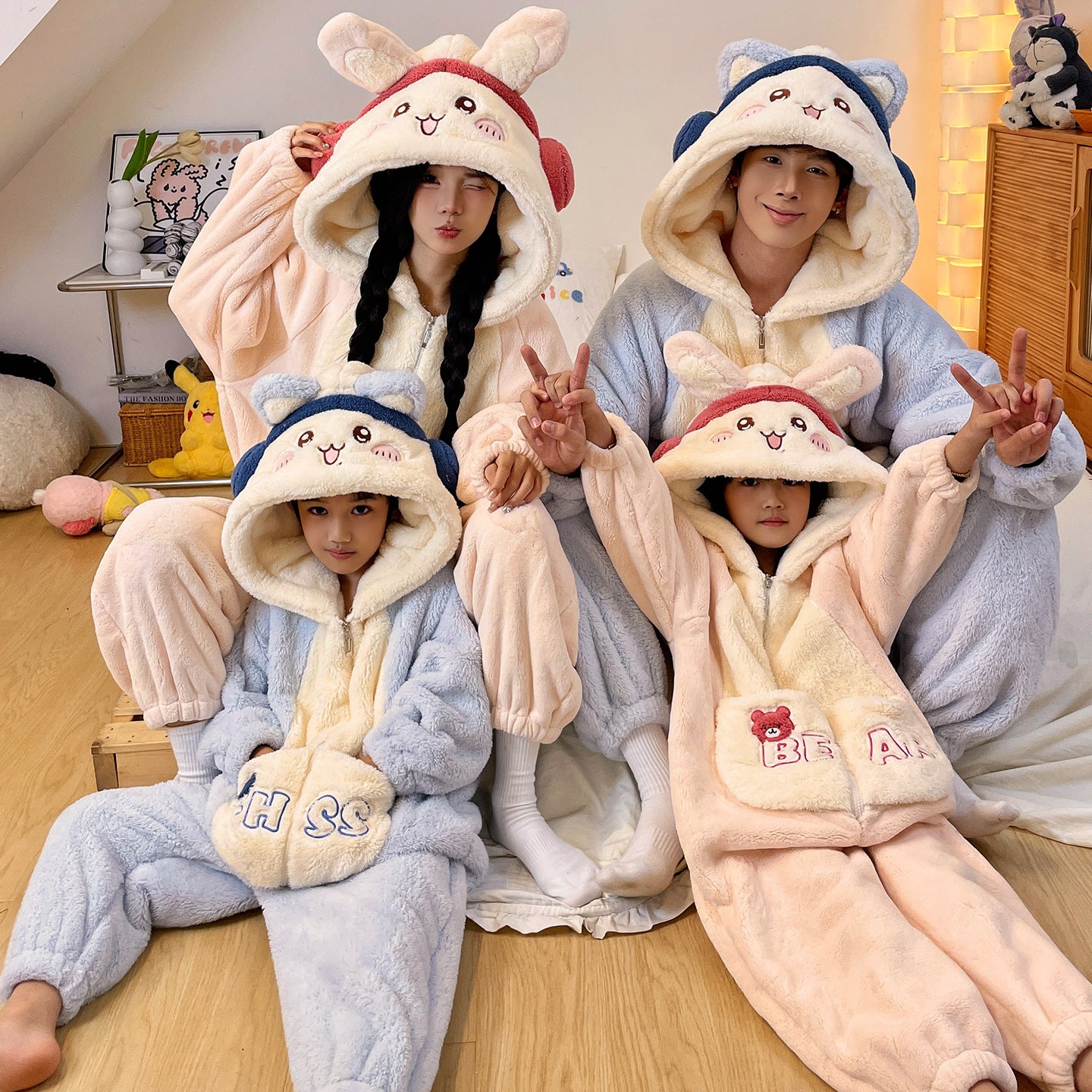 Nursery-style children's clothing for a family of three