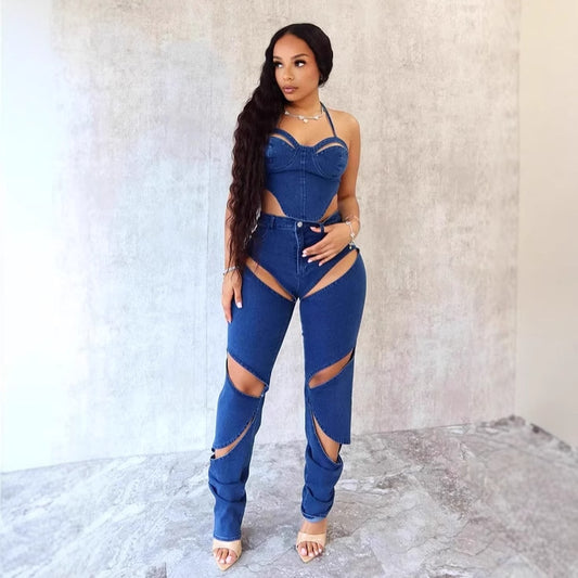 Oblique hole strap wrapped chest Denim suit