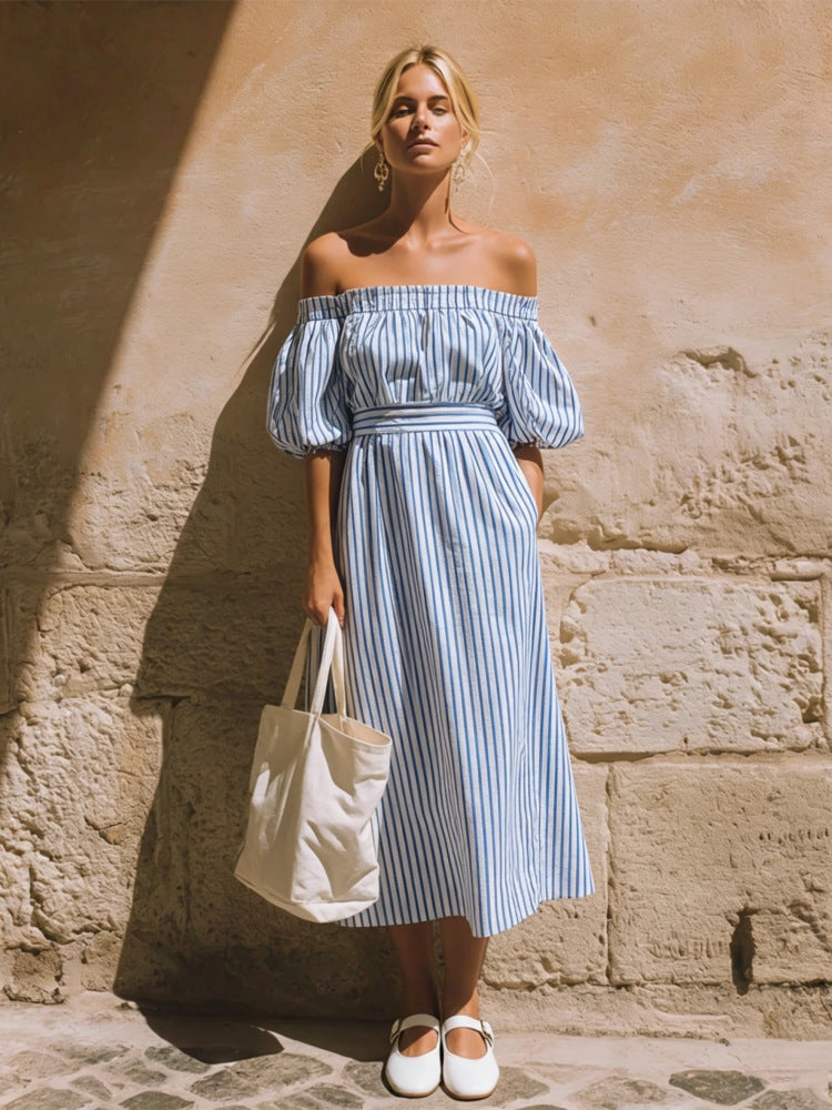 Off-Shoulder Flutter Sleeve Striped Dress