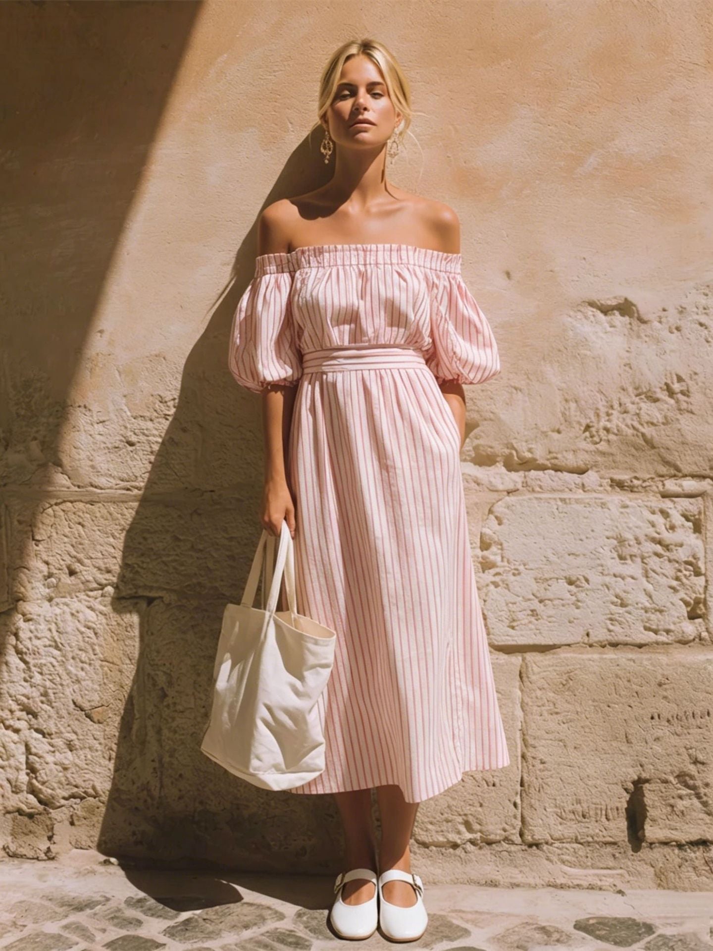 Off-Shoulder Flutter Sleeve Striped Dress