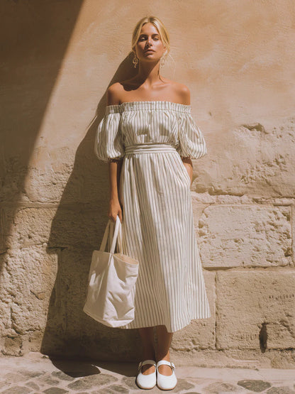 Off-Shoulder Flutter Sleeve Striped Dress