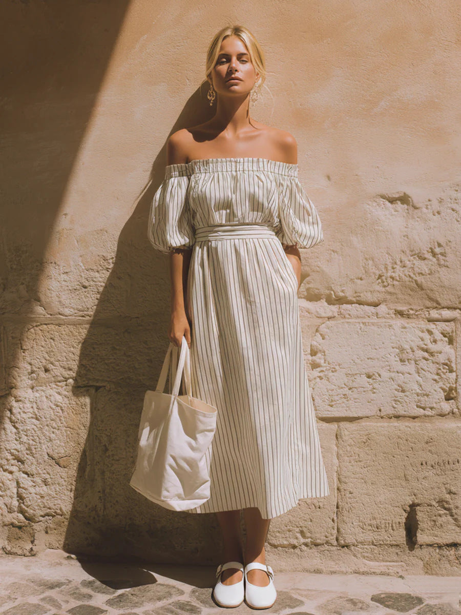 Off-Shoulder Flutter Sleeve Striped Dress