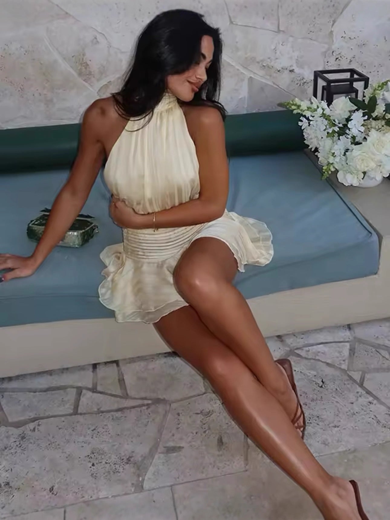 Off-Shoulder Halterneck Dress with Bow Detail