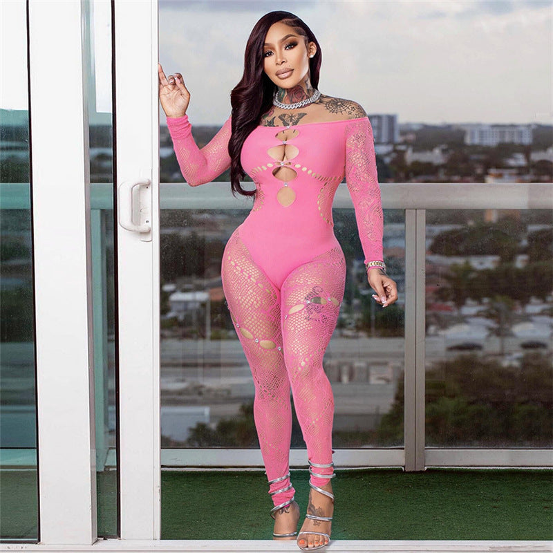 Off-Shoulder Hollow-Out Rhinestone Knit Bodysuit