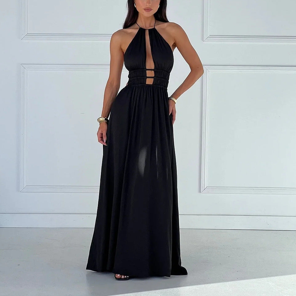 Off-Shoulder Hollow-Out Slim Fit Pleated Dress