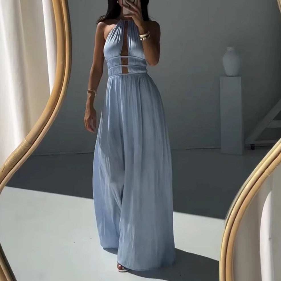 Off-Shoulder Hollow-Out Slim Fit Pleated Dress