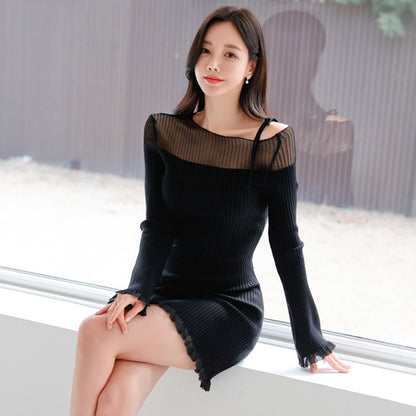 Off-Shoulder Knitted Dress with Bell Sleeves