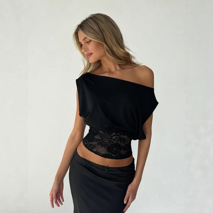 Off-Shoulder Lace Patchwork Waist-Cinching Top