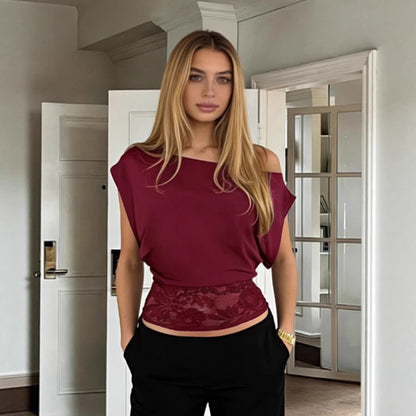Off-Shoulder Lace Patchwork Waist-Cinching Top