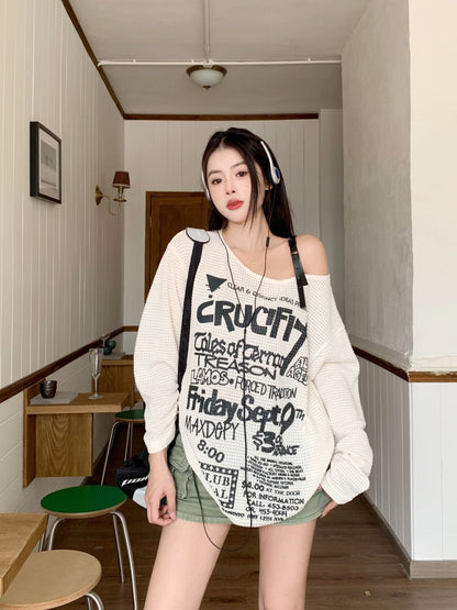 Off-Shoulder Letter Print Loose Fit T-Shirt