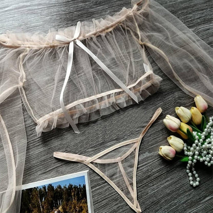 Off-Shoulder Mesh Lingerie Set with Bow