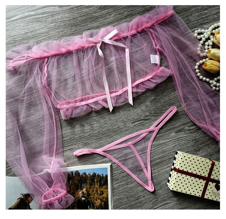 Off-Shoulder Mesh Lingerie Set with Bow