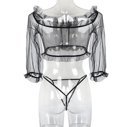 Off-Shoulder Mesh Lingerie Set with Bow