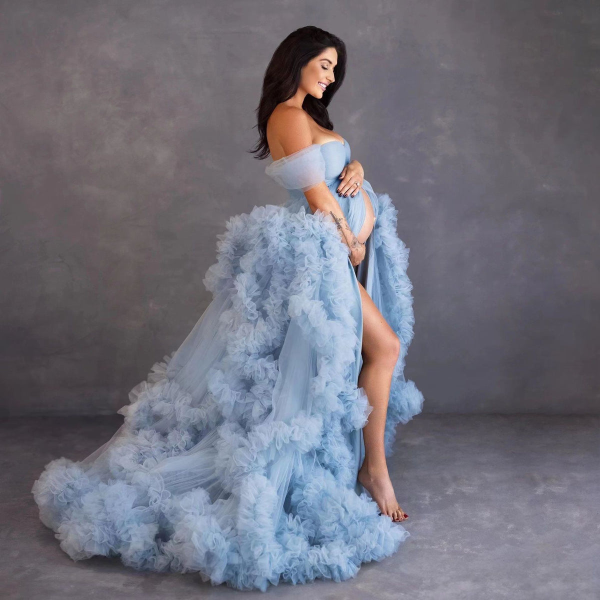 off-shoulder morning gown