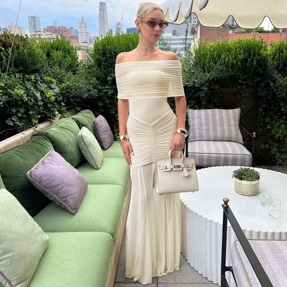Off-shoulder pleated mesh stitching perspective dress