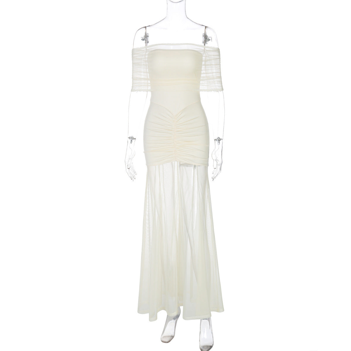 Off-shoulder pleated mesh stitching perspective dress