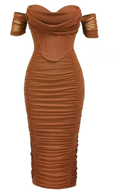 Off-Shoulder Pleated Mid-Length Dress