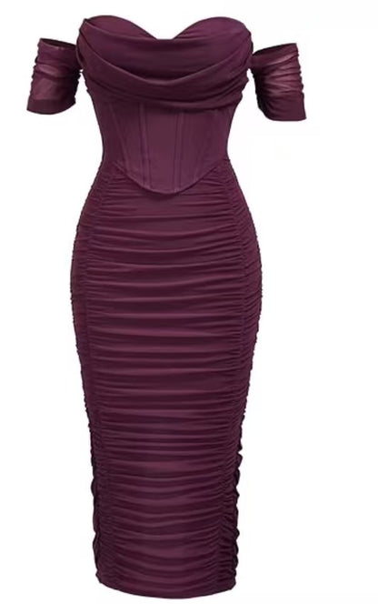 Off-Shoulder Pleated Mid-Length Dress