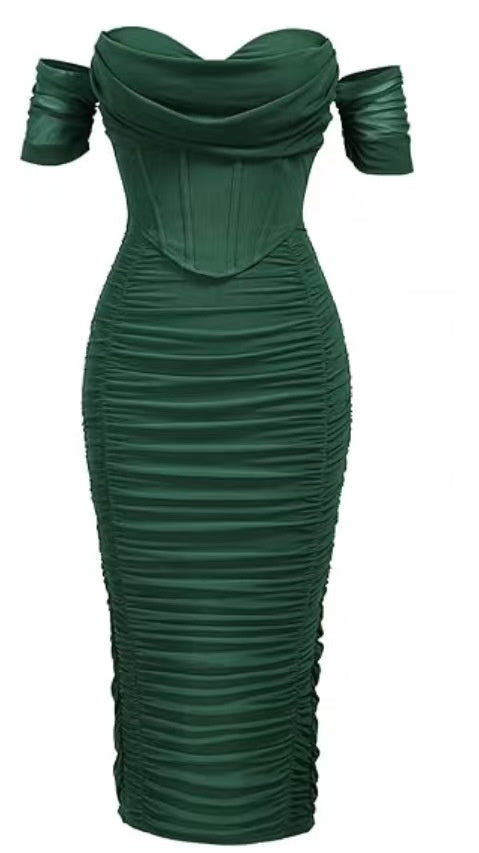 Off-Shoulder Pleated Mid-Length Dress