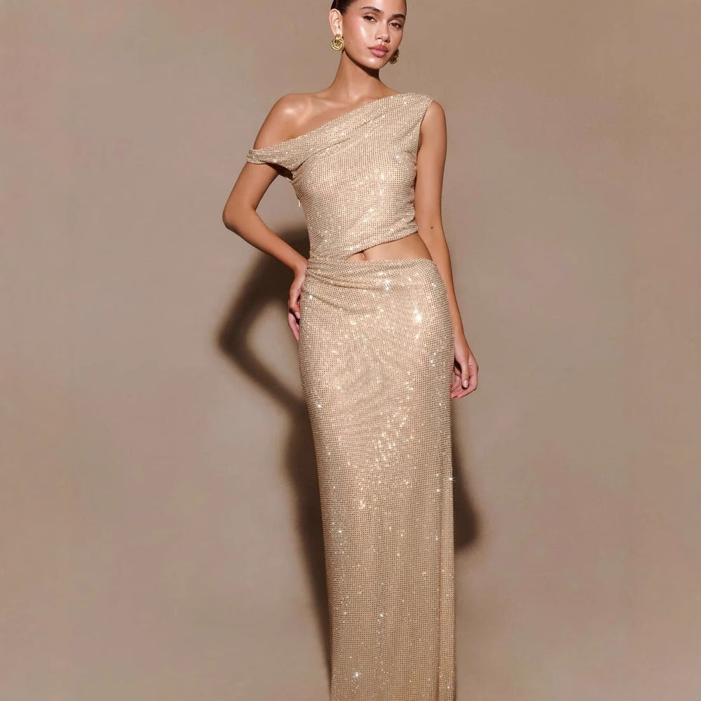 Off-Shoulder Rhinestone Fishtail Dress
