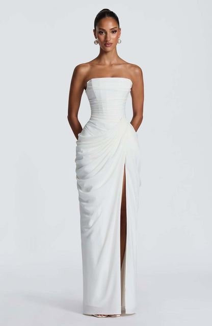 Off-shoulder ruffled slit dress