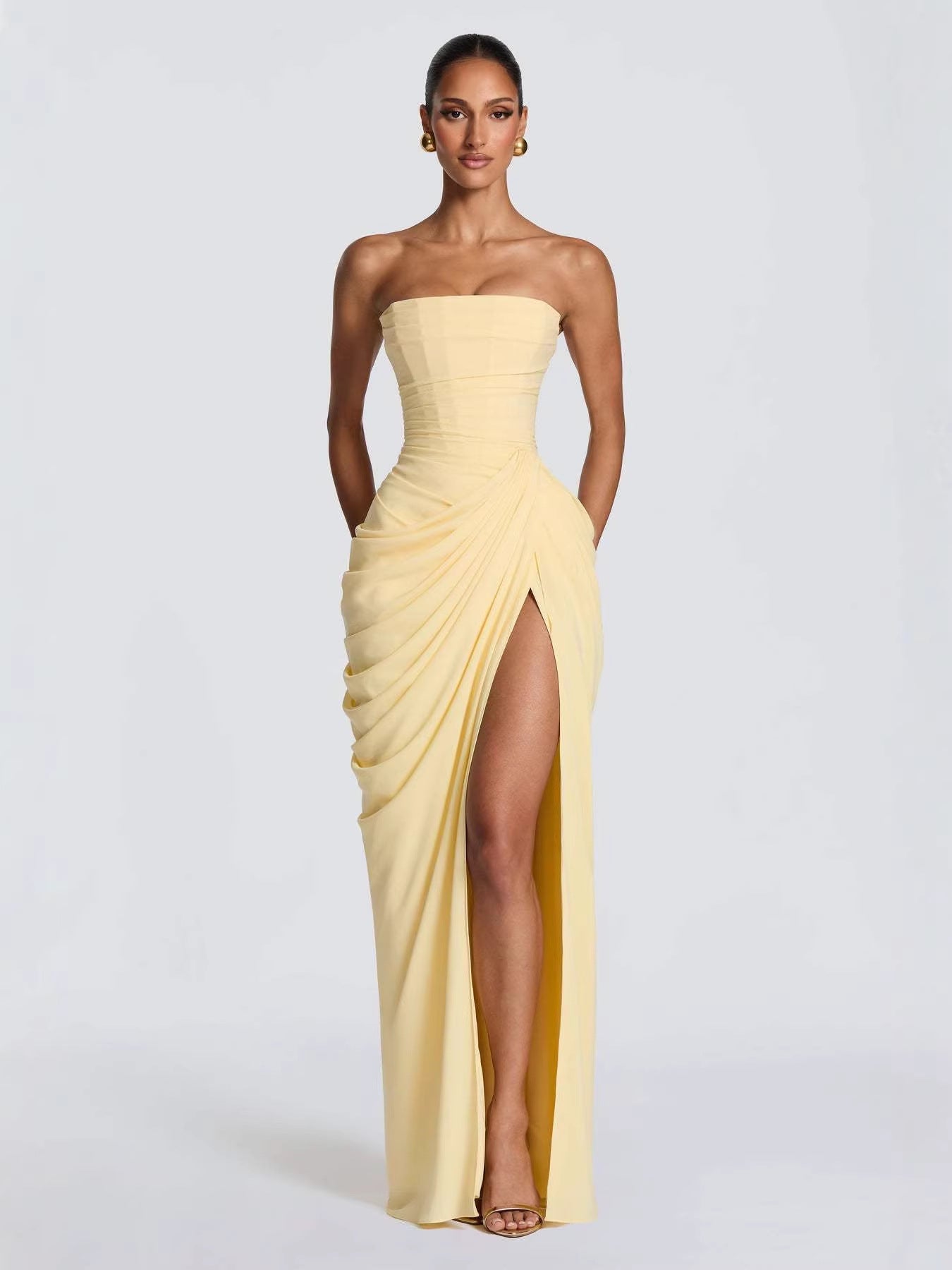 Off-shoulder ruffled slit dress