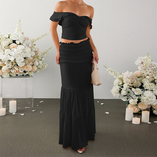 Off-shoulder short top and cake skirt set