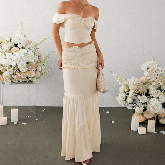 Off-shoulder short top and cake skirt set