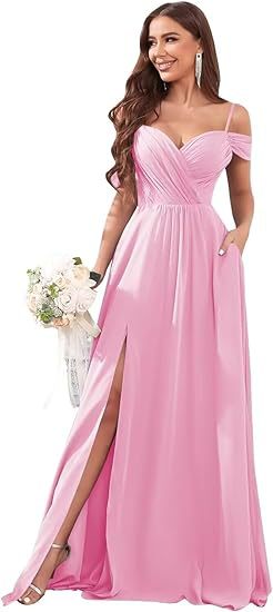 Off Shoulder Sling Bridesmaid Dress with Pockets Long Chiffon Formal Gown