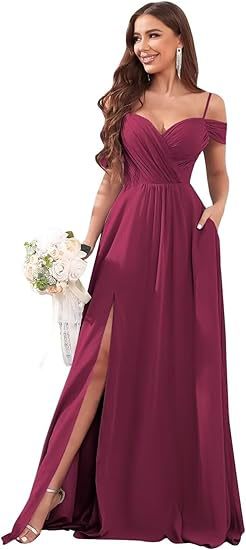 Off Shoulder Sling Bridesmaid Dress with Pockets Long Chiffon Formal Gown